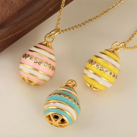 Vintage Enamel Easter Egg Pendant Necklace For Women Copper 18K Gold Plated Zirconia Inlaid Hip Hop Fashion Jewelry