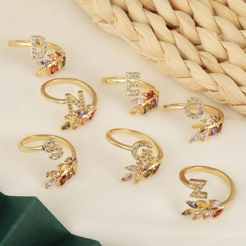 18K Gold Plated Copper Colorful Zircon Alphabet Leaf Open Ring Adjustable Letter Rings For Women Personalized Jewelry