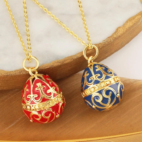 Faberge Style Egg Pendant Necklace For Women Vintage Enamel Filigree Water Drop Royal Luxurious Accessory Jewelry Gift