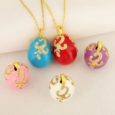 Vintage Fabergé Style Egg Pendant Necklace Gold Plated Copper Enamel Zirconia Inlaid Jewelry For Women Wedding Easter Gift