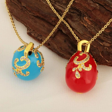 Vintage Fabergé Style Egg Pendant Necklace Gold Plated Copper Enamel Zirconia Inlaid Jewelry For Women Wedding Easter Gift