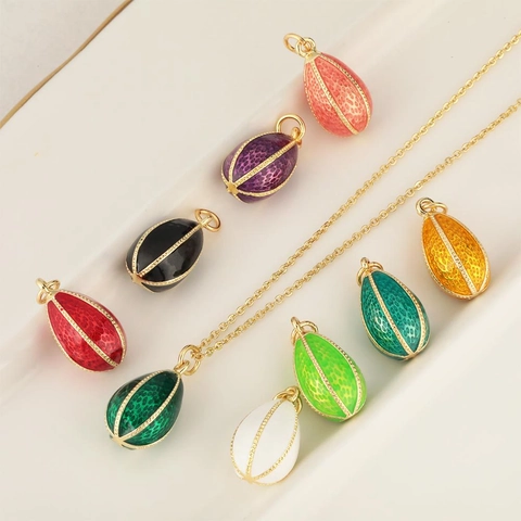 Vintage Faberge Style Easter Egg Pendant Necklace For Women Copper Enamel Drip Oil Gold Plated Teardrop Chain Necklace Jewelry
