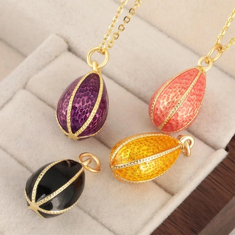 Vintage Faberge Style Easter Egg Pendant Necklace For Women Copper Enamel Drip Oil Gold Plated Teardrop Chain Necklace Jewelry