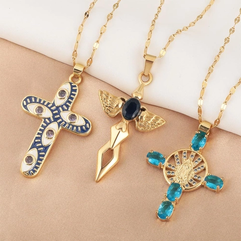 Vintage Kupfer Kreuz Anhänger Halskette Für Damen Vergoldet Jungfrau Maria Böser Blick Strass Religiöser Schmuck Halskette