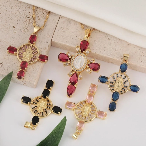 Vintage Kupfer Kreuz Anhänger Halskette Für Damen Vergoldet Jungfrau Maria Böser Blick Strass Religiöser Schmuck Halskette