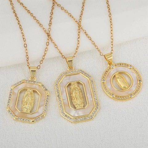 Collar de Pendiente de Virgen María de Cobre Vintage Con Perla Artificial Diamante de Imitación Incrustado Joyería Religiosa