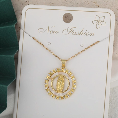 Collar de Pendiente de Virgen María de Cobre Vintage Con Perla Artificial Diamante de Imitación Incrustado Joyería Religiosa