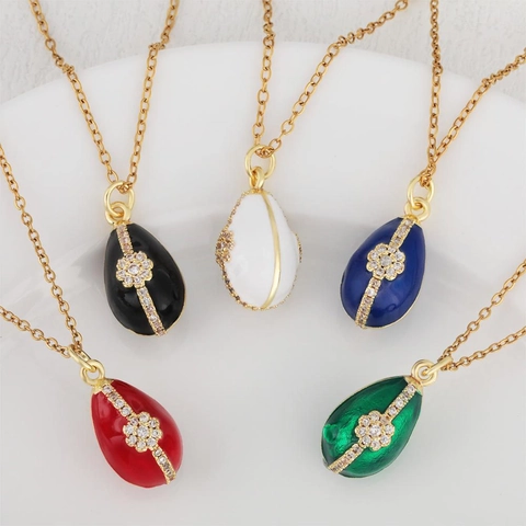 Vintage Gold Plated Copper Enamel Egg Pendant Necklace With Zirconia Cross Floral Pattern For Women Luxurious Jewelry