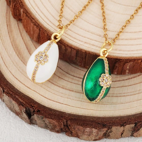 Vintage Gold Plated Copper Enamel Egg Pendant Necklace With Zirconia Cross Floral Pattern For Women Luxurious Jewelry