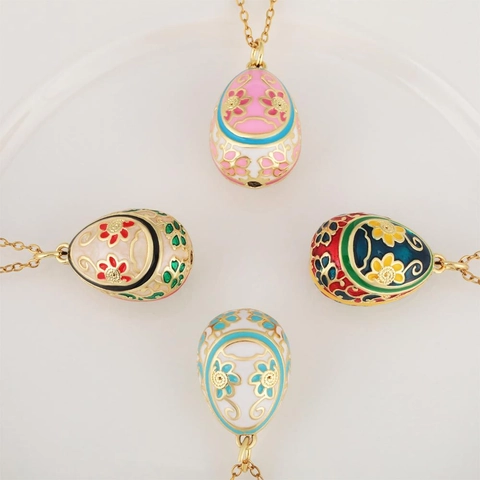 Vintage Enamel Fabergé Style Egg Pendant Necklace Gold Plated Copper Floral Pattern Choker For Women Easter Jewelry Gift