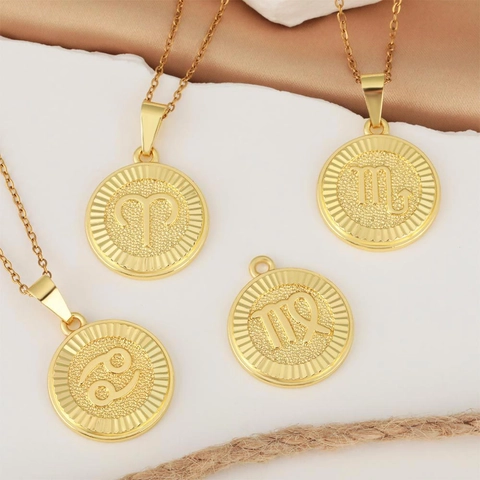 Zodiac Sign Coin Pendant Necklace For Women Men Gold Plated Copper Medallion Vintage Astrology Jewelry Round Constellation Necklace