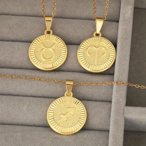 Zodiac Sign Coin Pendant Necklace For Women Men Gold Plated Copper Medallion Vintage Astrology Jewelry Round Constellation Necklace