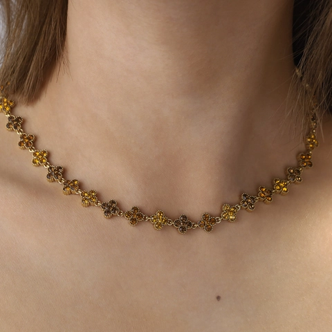 Edelstahl Vergoldet Kleeblatt Schmuck-Set Mit Bernstein Kristall Halskette Und Armband Für Damen Mode Schmuck