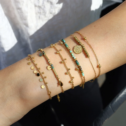 Bohemian Stainless Steel Bracelet For Women French Vintage PVD Gold Plated Natural Stone African Turquoise Bead Jewelry