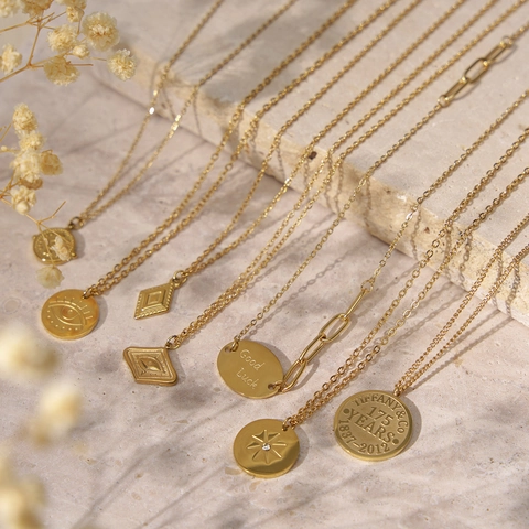 Minimalist Stainless Steel Gold Plated Pendant Necklace For Women Lucky Round Coin Starburst Rhinestone Geometric Chain Jewelry