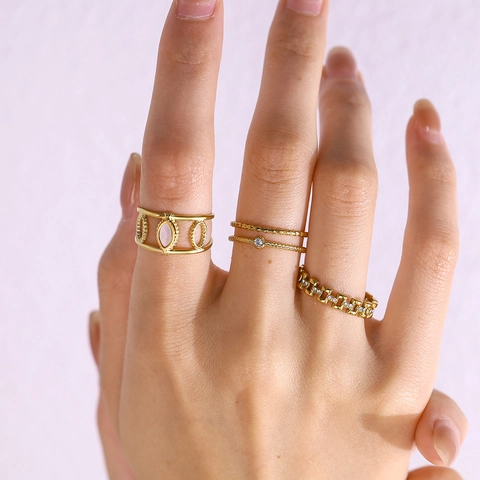 Anello Aperto in Acciaio Inossidabile Placcato Oro 18K PVD Vintage Francese Con Conchiglia Cristallo Gioielli a Maglia H