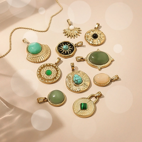 Colgante de Acero Inoxidable Bohemio Vintage Chapado en Oro 18K Piedra Natural Turquesa Malaquita Moneda Charm Mujer Joyería DIY