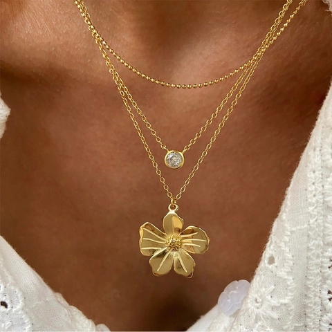 Fashion PVD 18K Gold Plated Stainless Steel Sunflower Necklace Rhinestone Flower Pendant Jewelry For Women Daily Party
