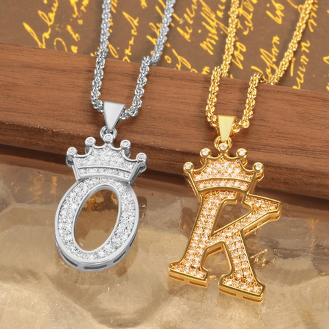 Hip Hop Crown Initial Letter Pendant For Men Women Iced Out Zirconia Copper Alphabet A-Z Gold Silver Pendant Jewelry Accessory