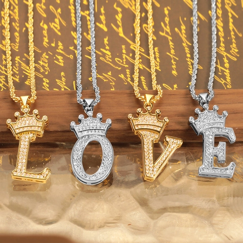Ciondolo Iniziale a Forma di Corona Hip Hop per Uomo Donna Zirconia Rame Alfabeto A-Z Oro Argento Ciondolo Gioielli Accessori