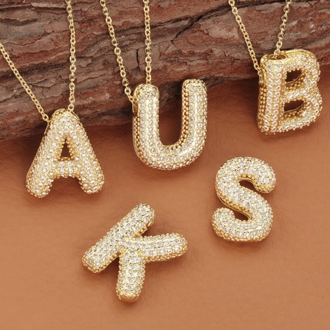 Hip Hop Bubble Initial Letter Pendant Necklace Gold Silver Plated Copper Pavé Zirconia Personalized Alphabet Necklace Jewelry For Unisex