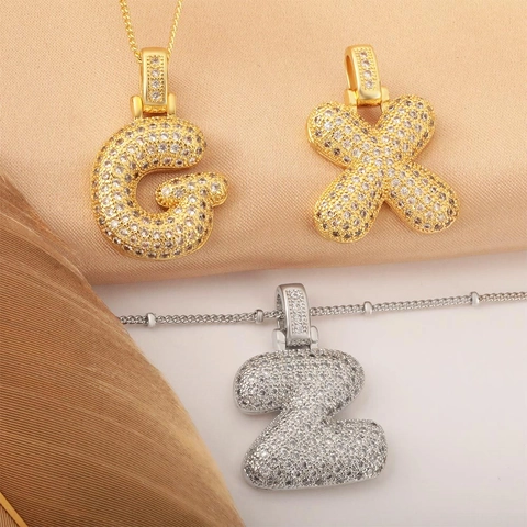 Hip Hop Bubble Letter Pendant Necklace Gold Silver Plated Copper Zircon Iced Out Alphabet Necklaces For Men Women Jewelry