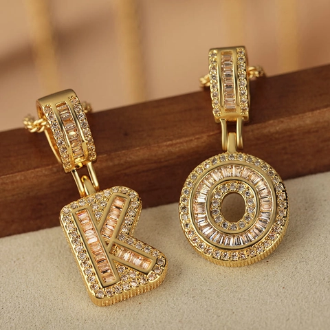 Hip Hop English Initial Letter A-Z Pendant Necklace Gold Plated Copper Micro Pave Zirconia Ice Out Jewelry Rope Chain For Women Men