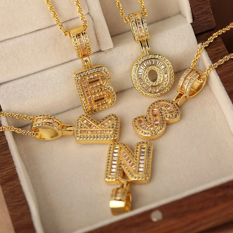 Hip Hop English Initial Letter A-Z Pendant Necklace Gold Plated Copper Micro Pave Zirconia Ice Out Jewelry Rope Chain For Women Men