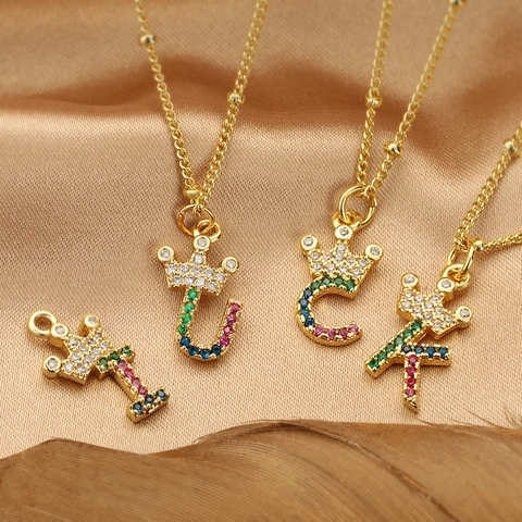Initial A-Z Alphabet Pendant For Women Gold Plated Copper Colorful Zirconia Tiny Letter Charms Jewelry Gift No Chain