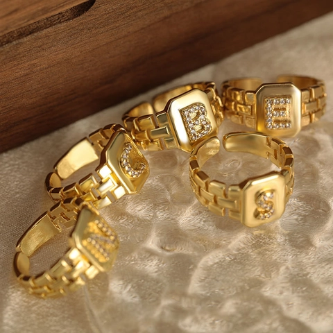Vintage Copper Letter A-Z Rhinestone Open Ring For Women Adjustable Watchband Chain Design Gold Electroplated Fashion Jewelry