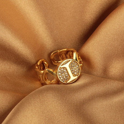 Fashion Initial Letter Zircon Rings For Women Gold Plated Copper Micro Pave Adjustable Cuban Chain Open Finger Ring Jewelry Gift