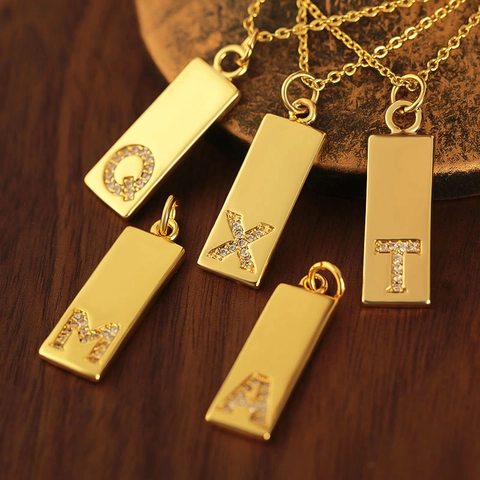 Minimalist Rectangular Initial Letter Pendant For Women Gold Plated Copper Zirconia Inlaid Alphabet Charms Pendant Only Without Chain Accessory