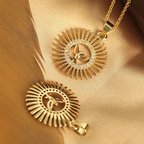 Gold Plated Copper Peace Dove Sunburst Pendant Only Without Chain Micro Pave Zirconia Religious Fashion Jewelry For Women