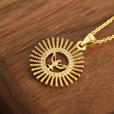 Gold Plated Copper Peace Dove Sunburst Pendant Only Without Chain Micro Pave Zirconia Religious Fashion Jewelry For Women