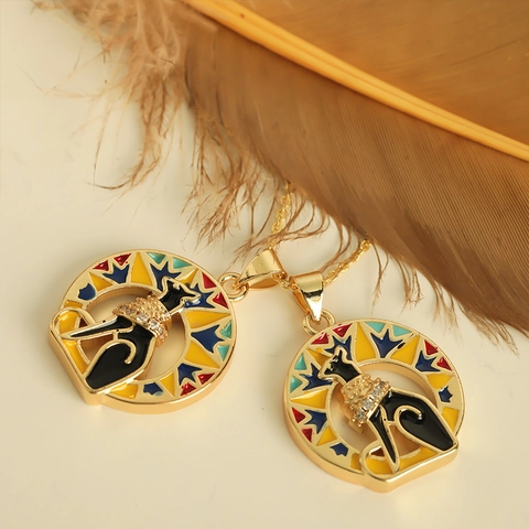 Egyptian Cat Bastet Round Pendant Gold Plated Copper Colorful Enamel Zircon DIY Necklace Accessories Jewelry For Women