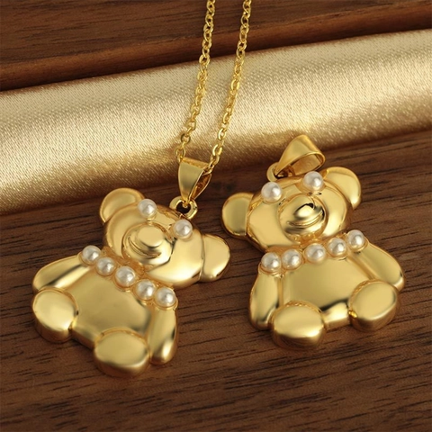 Lindo Oso 3D Colgante Collar De Cobre Chapado En Oro Con Detalles De Perlas Artificiales De Imitación Joyería De Animal Dulce Para Mujer