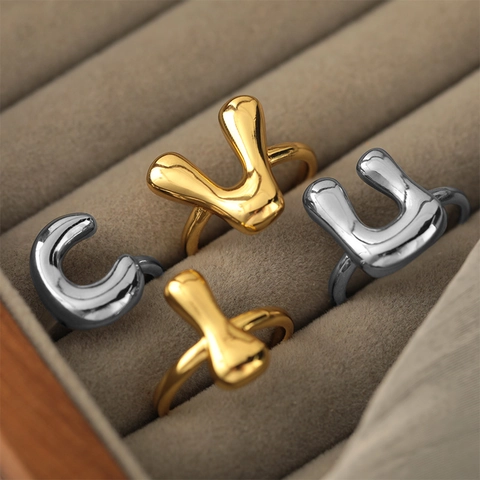 Trendy Puffy Alphabet Initial Letter Open Adjustable Ring For Women Men Minimalist Bubble Style Gold Silver Plated Copper Finger Ring Jewelry