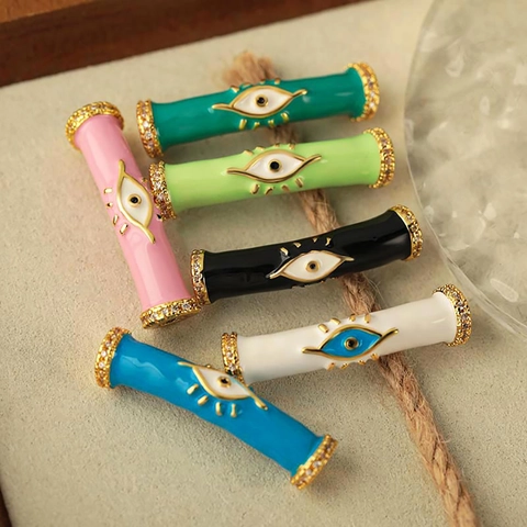 18K Gold Plated Copper Enamel Evil Eye Tube Pendant Only Without Chain With Zirconia For DIY Necklace Jewelry Making For Women