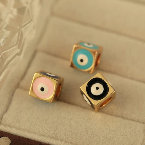 Copper Enamel Evil Eye Cube Bead Pendant For DIY Jewelry Making Bracelet Necklace Geometric Handmade Small Accessory