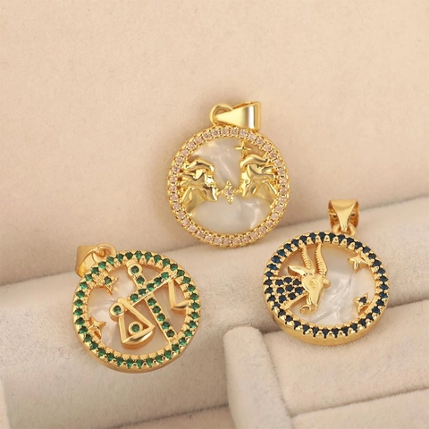 18K Gold Plated Copper Zodiac Pendant Round Shell Mother Of Pearl Zirconia Constellation Astrology Jewelry For Women