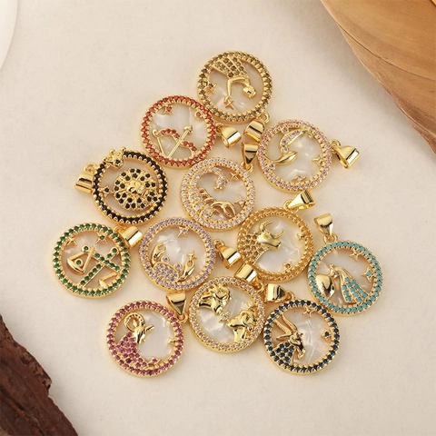 18K Gold Plated Copper Zodiac Pendant Round Shell Mother Of Pearl Zirconia Constellation Astrology Jewelry For Women