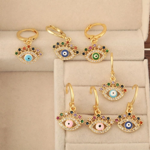 Mode Kupfer Zirkonia Böser Blick Hängeohrringe Für Damen Vergoldet Bunte Strass Türkischen Stil Schmuck Geschenk