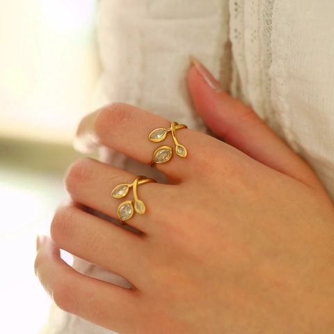 Stainless Steel 18K Gold Plated Marquise Zircon Leaf Open Ring For Women Adjustable Branch Finger Jewelry Ring