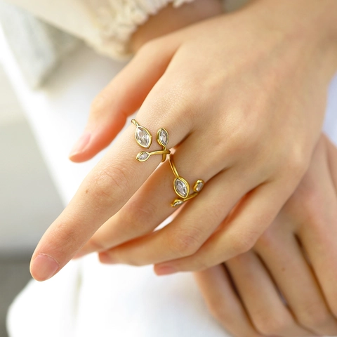 Stainless Steel 18K Gold Plated Marquise Zircon Leaf Open Ring For Women Adjustable Branch Finger Jewelry Ring