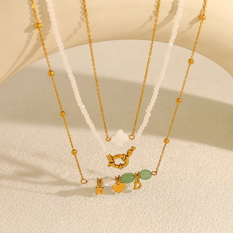 Roestvrij Staal Natuursteen Hart Letter Hanger Ketting Schelp Kralen Klaver Sleutelbeen Ketting Sieraden Voor Dames Vakantie Mode