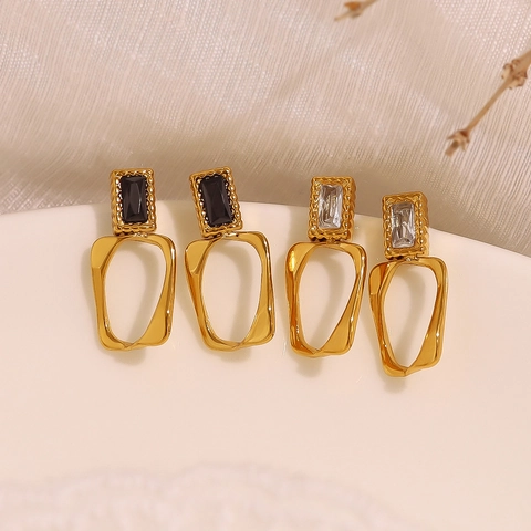 Vintage Stainless Steel Geometric Stud Earrings With Zirconia Rectangular Inlay PVD 18K Gold Plated Jewelry For Women