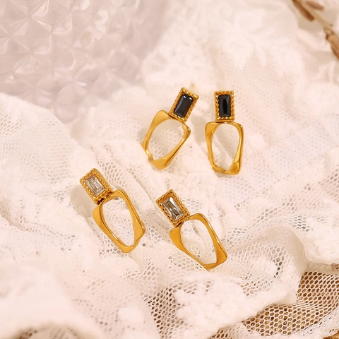 Vintage Stainless Steel Geometric Stud Earrings With Zirconia Rectangular Inlay PVD 18K Gold Plated Jewelry For Women