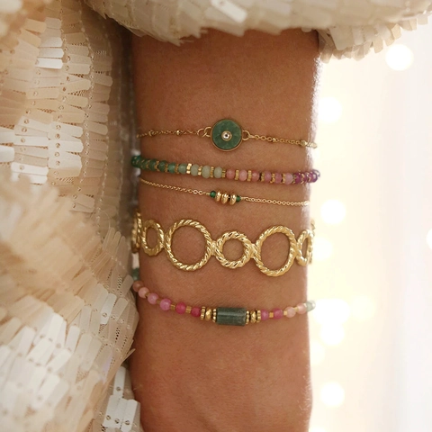 Stainless Steel Bracelet Set For Women PVD 18K Gold Plated Multicolor Beaded Bracelet Threaded Open Bangle Rhinestone Jewelry