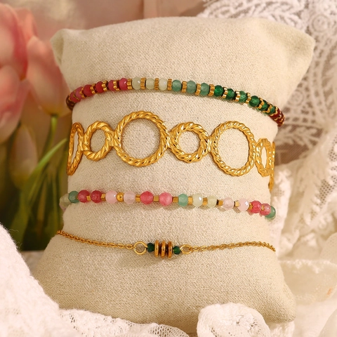 Stainless Steel Bracelet Set For Women PVD 18K Gold Plated Multicolor Beaded Bracelet Threaded Open Bangle Rhinestone Jewelry