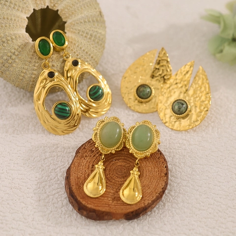 Vintage Stainless Steel 18K Gold Plated Natural Stone Drop Earrings For Women Bohemian African Turquoise Malachite Jewelry